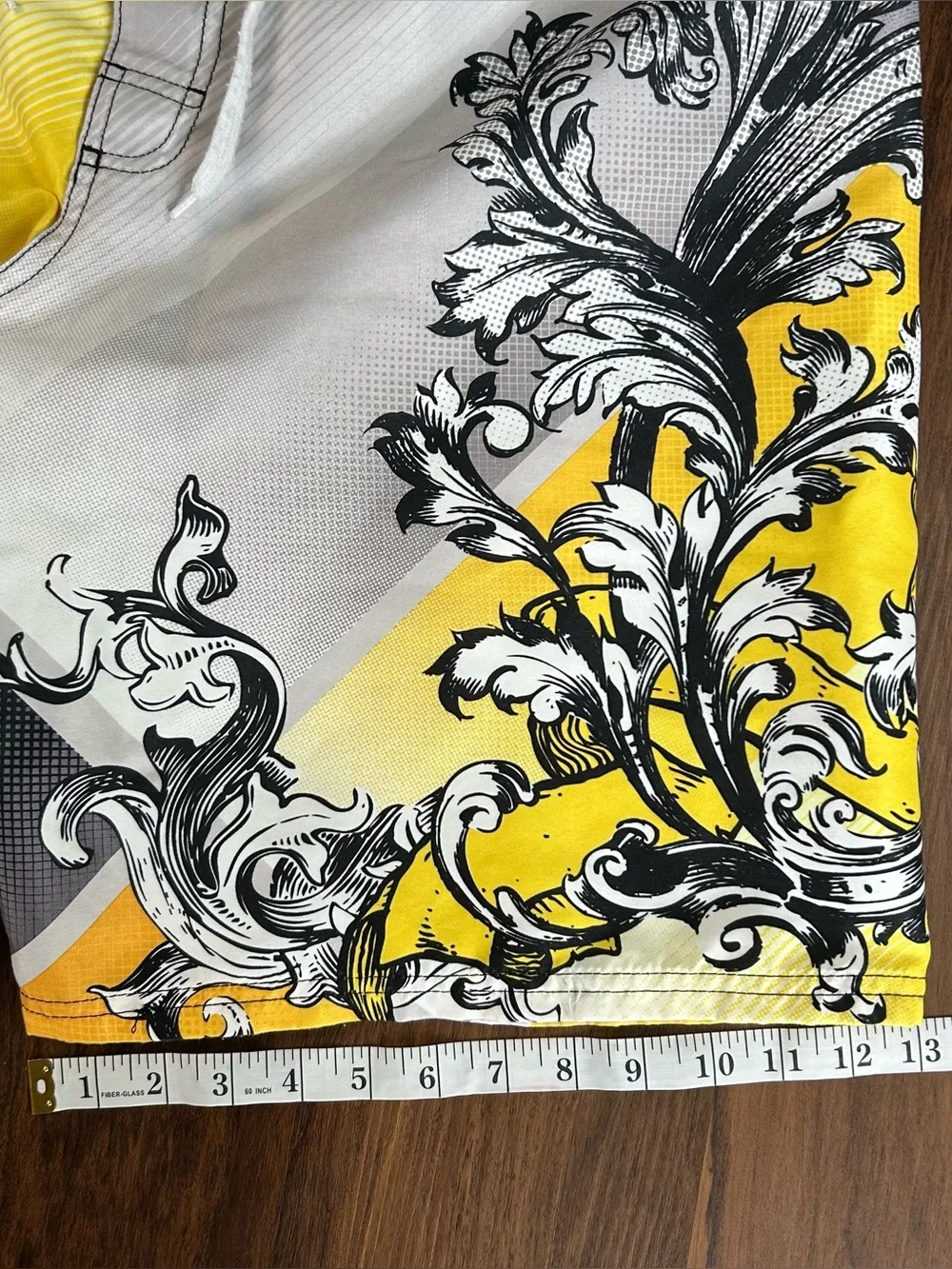 Vintage Y2K OP Men’s Yellow & Gray Baroque-Print Swim Shorts